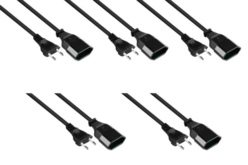 Euro-Verlängerung Euro-Stecker Typ C an Euro-Buchse, schwarz, 0,75mm², 3m - 5er SPAR-Set von Kabelmeister