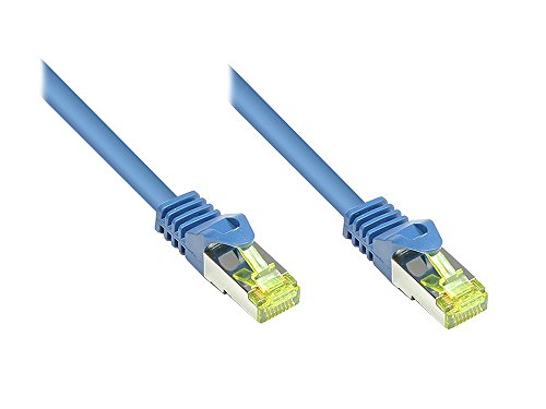 Kabelmeister® RJ45 Patchkabel mit Cat. 7 Rohkabel und Rastnasenschutz (RNS®), S/FTP, PiMF, halogenfrei, 500MHz, OFC, blau, 10m von Kabelmeister