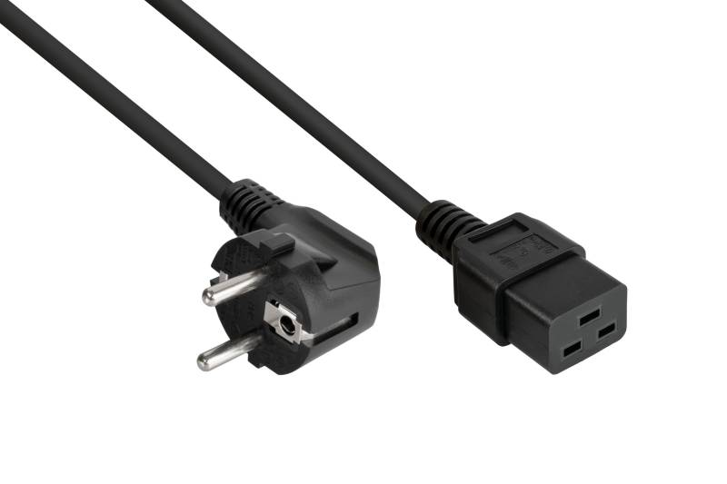 kabelmeister® Netzkabel Schutzkontakt-Stecker Typ E+F (90° gew.) an Kaltgeräte-Buchse C19, schwarz, 1,00mm², 1,8m von Kabelmeister