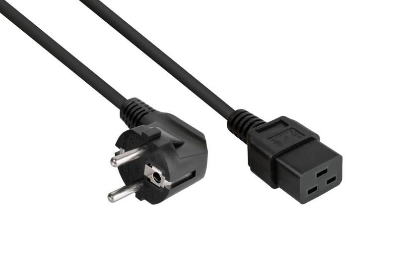 kabelmeister® Netzkabel Schutzkontakt-Stecker Typ E+F (90° gew.) an Kaltgeräte-Buchse C19, schwarz, 1,00mm², 1m von Kabelmeister