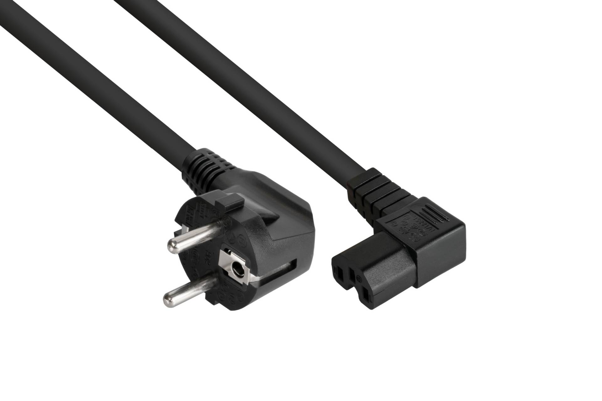 kabelmeister® Netzkabel Schutzkontakt-Stecker Typ E+F (90° gew.) an Warmgeräte-Buchse C15 (r. gew.), schwarz, 1,50mm², 0,5m von Kabelmeister