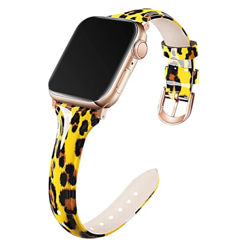 Kai Tian 38mm 40mm 41mm 42mm 44mm 45mm Glänzendes Leder Armband (38mm/40mm/41mm, Gelb Leopard) von Kai Tian