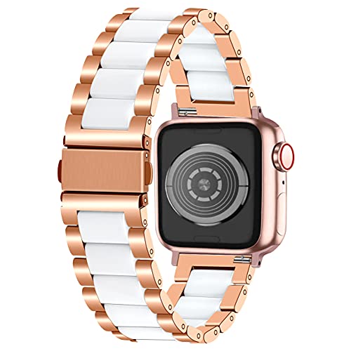 Kai Tian Armband Compatible for Apple Watch 42mm 44mm 45mm 49mm iWatch Series 10 9 8 7 6 5 4 3 2 1 SE Sport Edelstahl Keramik Uhrenarmband für Damen Herren Roségold Weiß von Kai Tian
