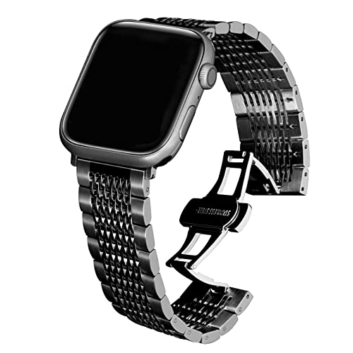 Kai Tian Kompatibel for Apple Watch Band 42mm 44mm 45mm 49mm, Schnelle Veröffentlichung Mesh Wristband Loop Edelstahl-Ersatzarmband for iWatch Serie 7 6 5 4 3 2 1 Sport Schwarzgold von Kai Tian