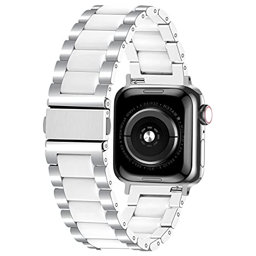 Kai Tian Sport Uhrenarmband Compatible for Apple Watch 42mm 44mm 45mm 49mm iWatch SE Series 7 6 5 4 3 2 1 Edelstahl Armband Keramik für Herren Damen Silber Weiss von Kai Tian