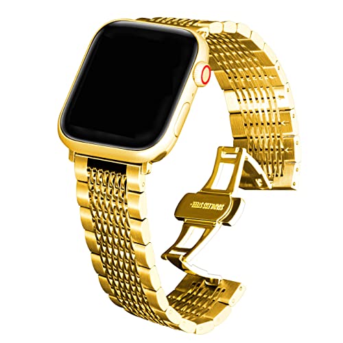 ai Tian Kompatibel for Apple Watch Band 42mm 44mm 45mm 49mm, Schnelle Veröffentlichung Mesh Wristband Loop Edelstahl-Ersatzarmband for iWatch Serie 7 6 5 4 3 2 1 Sport Gold von Kai Tian