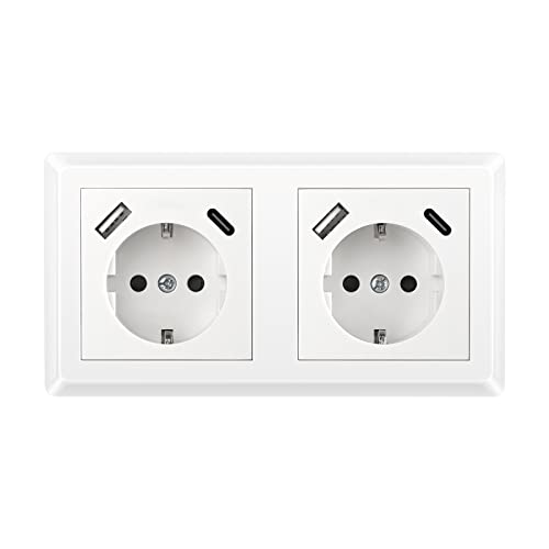Kaifire Doppelsteckdose mit 2 USB Ladegerät und 2 Typ C, Schuko USB Steckdose Unterputz System 55 Reinweiß Glänzend Passt in Standard 2-fach Unterputzdose, Wandsteckdose für Smartphone Tablet MP3 Kaifire Doppelsteckdose mit 2 USB Ladegerät und 2 Typ C, Schuko USB Steckdose Unterputz System 55 Reinweiß Glänzend Passt in Standard 2-fach Unterputzdose, Wandsteckdose für Smartphone Tablet MP3 von Kaifire