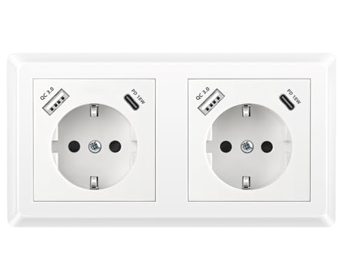 Kaifire Doppelsteckdose mit 2 USB Ladegerät und 2 Typ C (PD 18W), Schuko USB Steckdose Unterputz Schnellladegerät System 55 Reinweiß Glänzend Wandsteckdose für Smartphone Tablet MP3 von Kaifire
