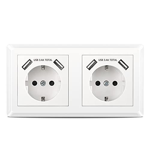 Kaifire Doppelsteckdose mit USB Anschluss, Schuko USB Steckdose System 55 Reinweiß Komplett-Set inkl. Rahmen Unterputz Wandsteckdose mit 4 USB Ladegerät für Smartphone Tablet MP3 von Kaifire