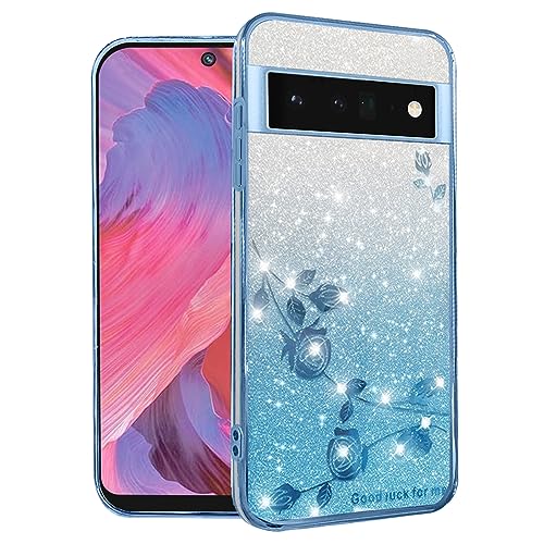 Kainevy Für Google Pixel 6 Hülle Durchsichtig Silikon Weich TPU mit Diamant Bling Bling, Handyhülle Google Pixel 6 Glitzer Blumen Luxury 2 in 1 Trennbare Case Rosa Dünn (Blau) von Kainevy