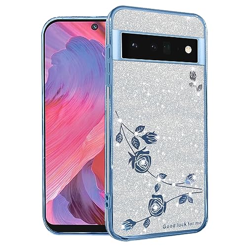 Kainevy Für Google Pixel 6 Hülle Durchsichtig Silikon Weich TPU mit Diamant Bling Bling, Handyhülle Google Pixel 6 Glitzer Blumen Luxury 2 in 1 Trennbare Case Rosa Dünn (Blau-Silber) von Kainevy