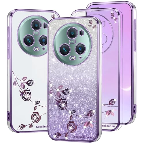 Kainevy Für Honor Magic 5 Pro Hülle Durchsichtig Glitzer Luxus für Frauen, Stoßfest Bling Handyhülle Honor Magic 5 Pro Silikon Transparent Weich Schutzhülle Blumen Rosa Case Dünn (Lila) von Kainevy