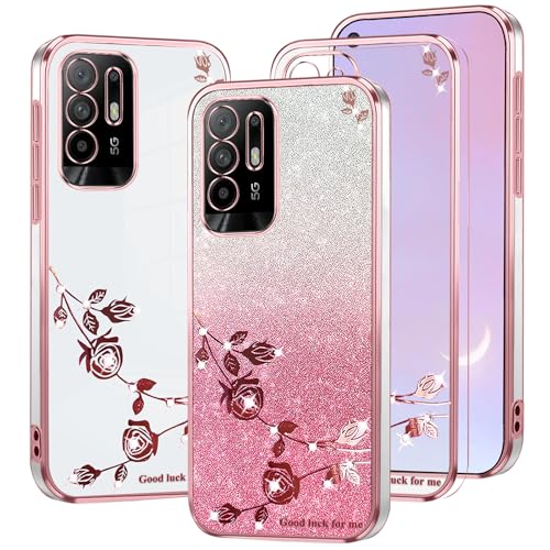 Kainevy Für Oppo A94 5G Hülle Durchsichtig Glitzer Luxus für Frauen, Bling Handyhülle Oppo A94 5G Hülle Silikon Weich Transparent Case Rosa Blumen Schutzhülle Dünn (Rosa) von Kainevy