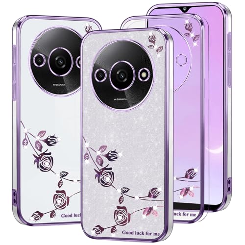 Kainevy Für Xiaomi Redmi A3 Hülle Glitzer Durchsichtig Weich TPU mit Diamant Bling, Stoßfest Redmi A3 Handyhülle Silikon Blumen Luxury 2 in 1 Trennbare Case Rosa Dünn (Lila-Silber) von Kainevy