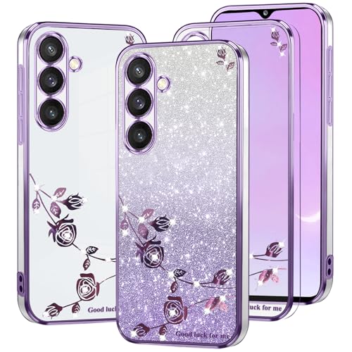Kainevy Für Samsung Galaxy A25 5G Hülle Durchsichtig Silikon Weich TPU mit Diamant Bling Bling, Handyhülle Samsung A25 5G Hülle Glitzer Blumen Luxury 2 in 1 Trennbare Case Rosa Dünn (Lila) von Kainevy