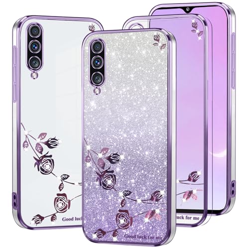 Kainevy Für Samsung Galaxy A50 Hülle Glitzer Durchsichtig mit Diamant Bling Bling, Handyhülle Samsung A50 Hülle Silikon Weich TPU Blumen Luxury 2 in 1 Trennbare Case Rosa Dünn (Lila) von Kainevy