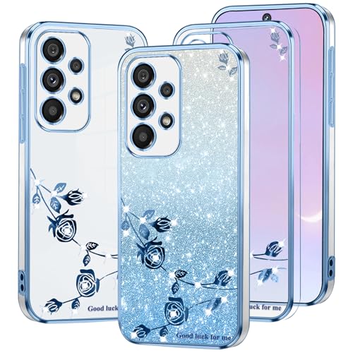 Kainevy Für Samsung Galaxy A52 Hülle Glitzer Durchsichtig mit Diamant Bling Bling, Handyhülle Samsung A52 Hülle Silikon Weich TPU Blumen Luxury 2 in 1 Trennbare Case Rosa Dünn (Blau) von Kainevy