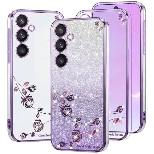 Kainevy Für Samsung Galaxy A55 5G Hülle Durchsichtig Glitzer Luxus für Frauen, Bling Handyhülle Samsung A55 5G Silikon Klar Weich Case Rosa Blumen Schutzhülle Dünn (Lila) von Kainevy