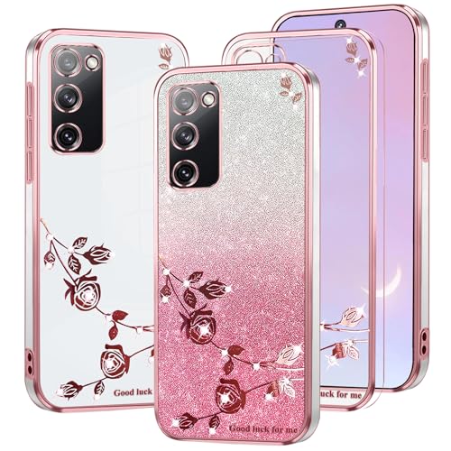 Kainevy Für Samsung Galaxy S20 FE Hülle Glitzer Durchsichtig mit Diamant Bling Bling, Handyhülle Samsung S20 FE Silikon Weich TPU Blumen Luxury 2 in 1 Trennbare Case Rosa Dünn (Rosa) von Kainevy