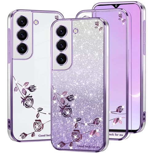 Kainevy Für Samsung Galaxy S22 Plus Hülle Durchsichtig Glitzer Luxus für Frauen, Bling Handyhülle Samsung S22 Plus Hülle Silikon Klar Weich Case Rosa Blumen Schutzhülle Dünn (Lila) von Kainevy