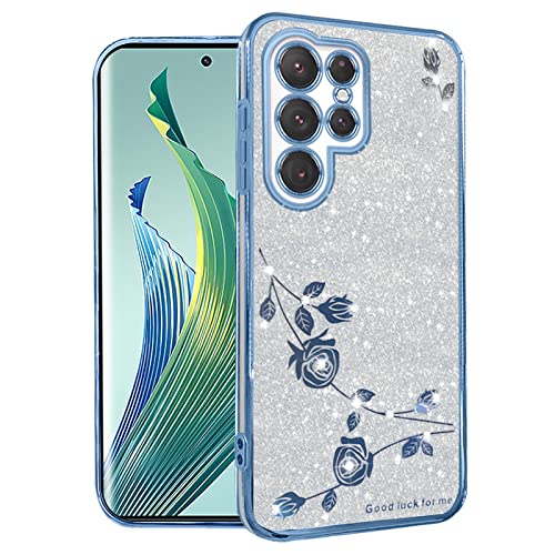 Kainevy Für Samsung Galaxy S22 Ultra Hülle Durchsichtig Glitzer Luxus für Frauen, Bling Transparent Samsung S22 Ultra Hülle Silikon Weich Case Rosa Blumen Schutzhülle Dünn (Blau-Silber) von Kainevy