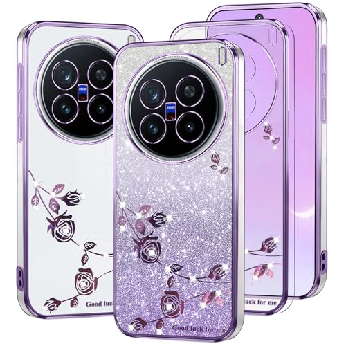 Kainevy Für Vivo X200 Pro Hülle Durchsichtig Glitzer Luxus für Frauen, Bling Handyhülle Vivo X200 Pro Silikon Klar Weich Case Rosa Blumen Schutzhülle Dünn (Lila) von Kainevy