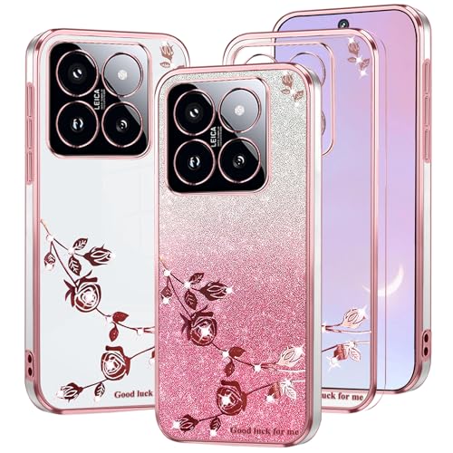 Kainevy Für Xiaomi 14 Hülle Glitzer Durchsichtig Dünn Rosa, Bling Stoßfest Handyhülle Xiaomi 14 Silikon Weich Transparent Bumper Case Luxus Blumen Schutzhülle für Mädchen (Rosa) von Kainevy