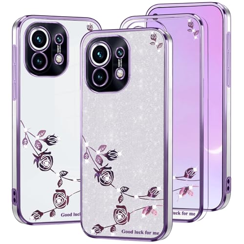 Kainevy Für Xiaomi 11 Lite 5G Hülle Durchsichtig Glitzer Luxus für Frauen, Bling Xiaomi 11 Lite 5G NE Hülle Silikon Klar Weich Case Rosa Blumen Schutzhülle Dünn (Lila-Silber) von Kainevy