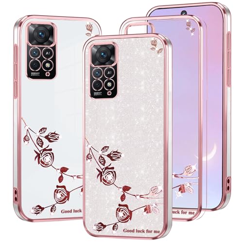 Kainevy Für Xiaomi Redmi Note 11 Pro 5G Hülle Durchsichtig Glitzer Luxus für Frauen, Bling Handyhülle Redmi Note 11 Pro Hülle Silikon Klar Weich Case Rosa Blumen Schutzhülle Dünn (Rosa-Silber) von Kainevy