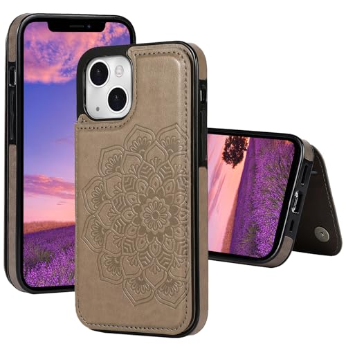 Kainevy Für iPhone 12 Mini Hülle Leder mit Kartenfach Ständer Magnetische Schnalle Mandala Blumen Handyhülle iPhone 12 Mini Brieftasche Stoßfest Klappbar Aesthetic Case Grün (Braun) von Kainevy