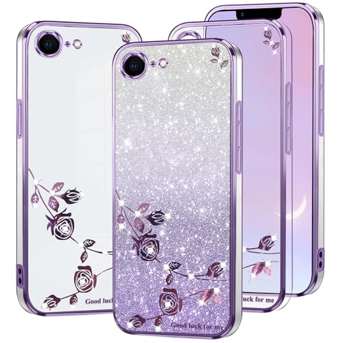 Kainevy Für iPhone 16e Hülle Durchsichtig Glitzer Luxus Stoßfest, Bling Handyhülle iPhone 16e Silikon Klar Weich Case Rosa Blumen Schutzhülle Dünn für Frauen Mädchen (Lila) von Kainevy