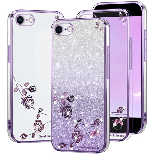 Kainevy Für iPhone 8 Hülle Durchsichtig Silikon Weich TPU mit Diamant Bling Bling, Handyhülle iPhone SE 2022&iPhone 7 Glitzer Blumen Luxury 2 in 1 Trennbare Case Rosa Dünn (Lila) von Kainevy