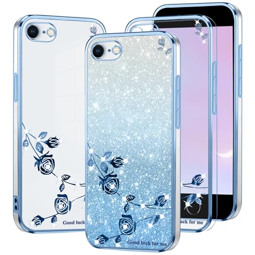 Kainevy Für iPhone 8 & 7 Hülle Durchsichtig Silikon Weich TPU mit Diamant Bling Bling, Handyhülle iPhone SE 2022 Glitzer Blumen Luxury 2 in 1 Trennbare Case Rosa Dünn (Blau) von Kainevy