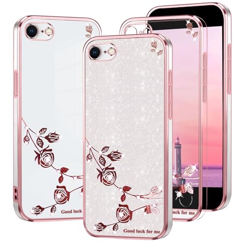 Kainevy Für iPhone 8&7 Hülle Durchsichtig Silikon Weich TPU mit Diamant Bling Bling, Handyhülle iPhone SE 2022 Glitzer Blumen Luxury 2 in 1 Trennbare Case Rosa Dünn (Rosa-Silber) von Kainevy