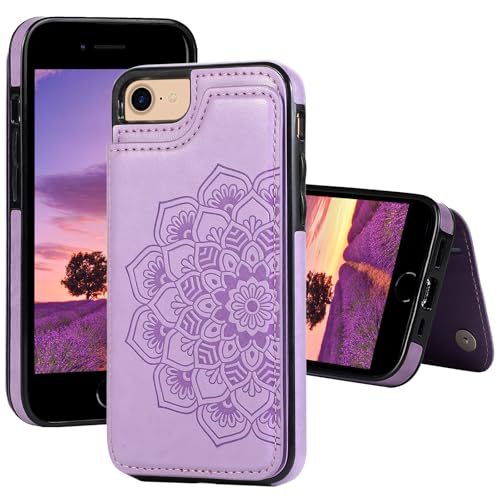 Kainevy Für iPhone SE 2020 Hülle Leder mit Kartenfach Ständer, Magnetische Schnalle Lila Mandala Blume Handyhülle iPhone SE 2020 Brieftasche Stoßfest Klappbar Aesthetic Case (Lila) von Kainevy