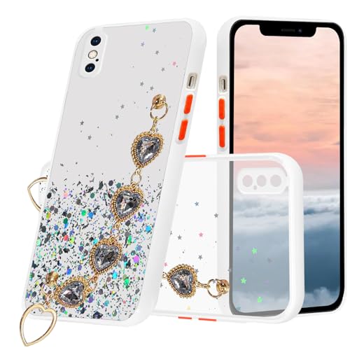 Kainevy Für iPhone XS Hülle Durchsichtig Silikon Soft Mit Kette Band für Mädchen Handyhülle iPhone XS Glitzer Stoßfest Dünn Bling Bling Aesthetic Case Rosa (weiß) von Kainevy