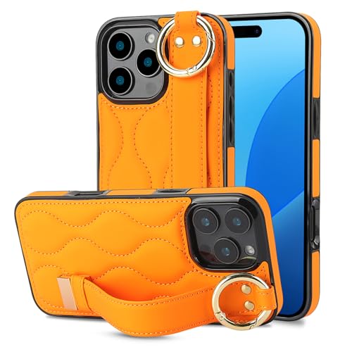 Kainevy Schutzhülle für Apple iPhone 16 Pro Max, Silikon, Leder, mit Handschlaufe, Standring, für Damen und Mädchen, niedlich, ästhetisch, trendig, strapazierfähig, weich, Orange Kainevy Schutzhülle für Apple iPhone 16 Pro Max, Silikon, Leder, mit Handschlaufe, Standring, für Damen und Mädchen, niedlich, ästhetisch, trendig, strapazierfähig, weich, Orange von Kainevy