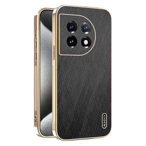 Kainevy für Magnetisch OnePlus 11 Hülle Stoßfest Kompatibel mit MagSafe, Robuste Kratzfest Handyhülle OnePlus 11 Schwarz Matt Goldener Faden Leder Case Aesthetic Leicht Dünn (Schwarz) von Kainevy