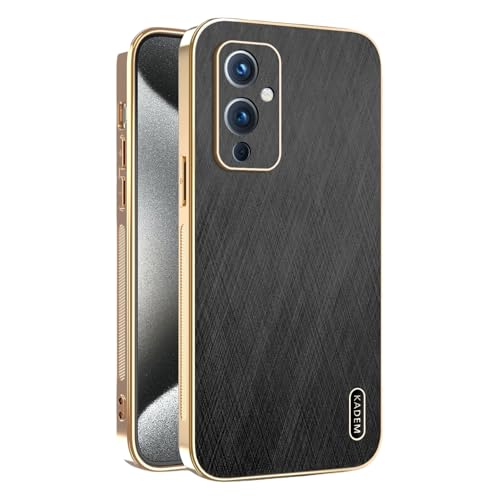 Kainevy für Magnetisch OnePlus 9 Hülle Stoßfest Kompatibel mit MagSafe, Robuste Kratzfest Handyhülle OnePlus 9 Schwarz Matt Goldener Faden Leder Case Aesthetic Leicht Dünn (Schwarz) von Kainevy