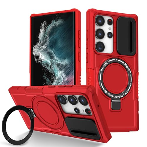 Kainevy für Magnetisch Samsung Galaxy S22 Ultra Hülle mit Ständer, Militär Grade Stoßfest Samsung S22 Ultra Hülle mit Kameraschutz Passt Drahtlose Aufladung Schutzhülle (Rot) von Kainevy