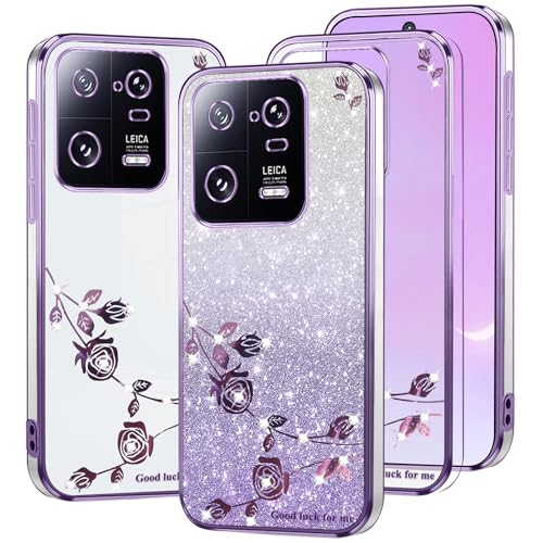 Kainevy Handyhülle Für Xiaomi 13 Pro Hülle Durchsichtig Glitzer Luxus Stoßfest, Bling Schutzhülle Xiaomi 13 Pro Silikon Klar Weich Case Aesthetic Rosa Blumen Dünn für Frauen Mädchen (Lila) von Kainevy