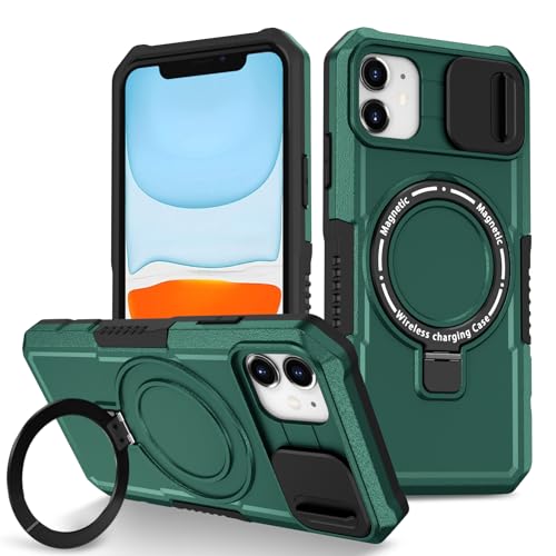 Kainevy für iPhone 11 Hülle Magnetisch mit Kameraschutz und Ring Ständer, Kompatibel mit MagSafe, Militär Grade Stoßfest Handyhülle iPhone 11 Silikon Schwarz Ästhetisch Case Dünn (Dunkelgrün) von Kainevy
