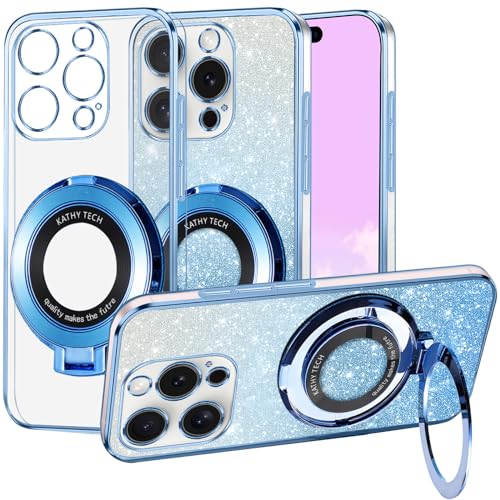 Kainevy für Magnetisch iPhone 15 Pro Hülle Durchsichtig Glitzer mit Ständer Kompatibel mit MagSafe, Handyhülle iPhone 15 Pro Silikon Weich Bling Aesthetic Stoßfest Case Rosa (Blau) von Kainevy
