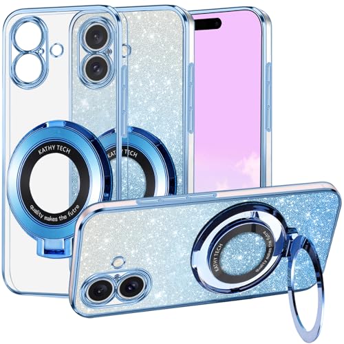 Kainevy für Magnetisch iPhone 16 Hülle Durchsichtig Glitzer mit Ständer Kompatibel mit MagSafe, Handyhülle iPhone 16 Silikon Weich Bling Aesthetic Stoßfest Case Rosa (Blau) von Kainevy