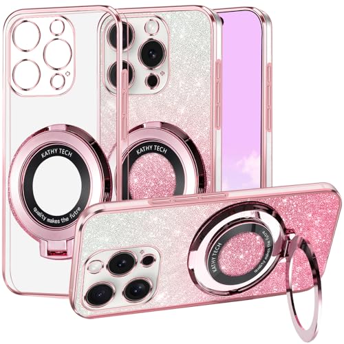 Kainevy für Magnetisch iPhone 16 Pro Max Hülle Durchsichtig Glitzer mit Ständer Kompatibel mit MagSafe, Handyhülle iPhone 16 Pro Max Silikon Weich Bling Aesthetic Stoßfest Case Rosa (Rosa) von Kainevy