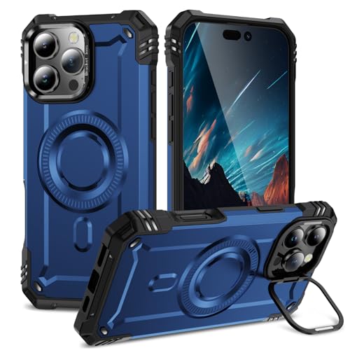Kainevy Handyhülle für iPhone 16 Pro Max Hülle Magnetisch Stoßfest mit Kameraschutz Ständer, für MagSafe, Militär Robuste Schwarz Aesthetic Leicht Dünn Case für Mädchen Junge (Blau) von Kainevy