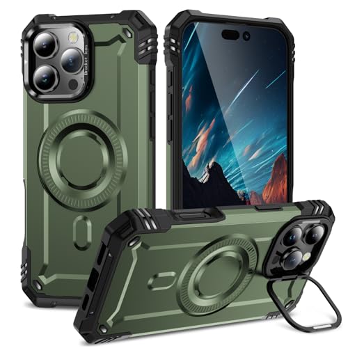 Kainevy Handyhülle für iPhone 16 Pro Max Hülle Magnetisch Stoßfest mit Kameraschutz Ständer, für MagSafe, Militär Robuste Schwarz Aesthetic Leicht Dünn Case für Mädchen Junge (Grün) von Kainevy