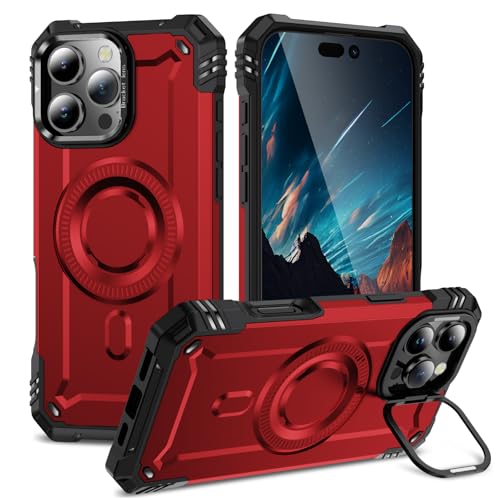 Kainevy Handyhülle für iPhone 16 Pro Max Hülle Magnetisch Stoßfest mit Kameraschutz Ständer, für MagSafe, Militär Robuste Schwarz Aesthetic Leicht Dünn Case für Mädchen Junge (Rot) von Kainevy