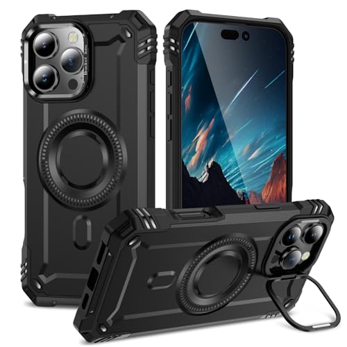 Kainevy Handyhülle für iPhone 16 Pro Max Hülle Magnetisch Stoßfest mit Kameraschutz Ständer, für MagSafe, Militär Robuste Schwarz Aesthetic Leicht Dünn Case für Mädchen Junge (Schwarz) von Kainevy