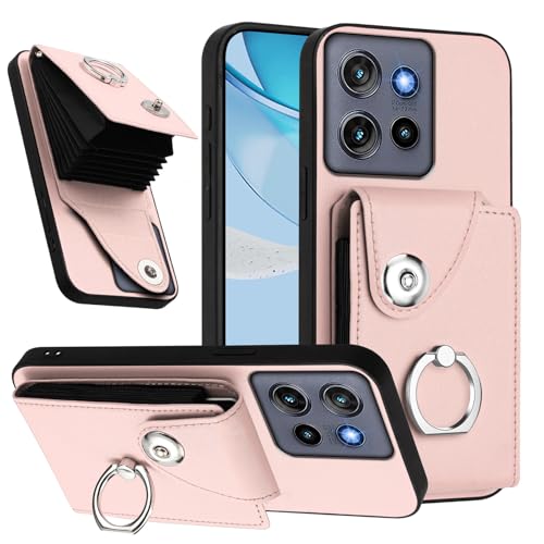 Kainevy für Motorola Edge 50 Neo Hülle mit Kartenhalter und Ring Ständer, Schwarz Handyhülle Motorola Edge 50 Neo Leder mit Kartenfach Tasche Stoßfest Case Grün für Frauen Mädchen (Rosa) von Kainevy